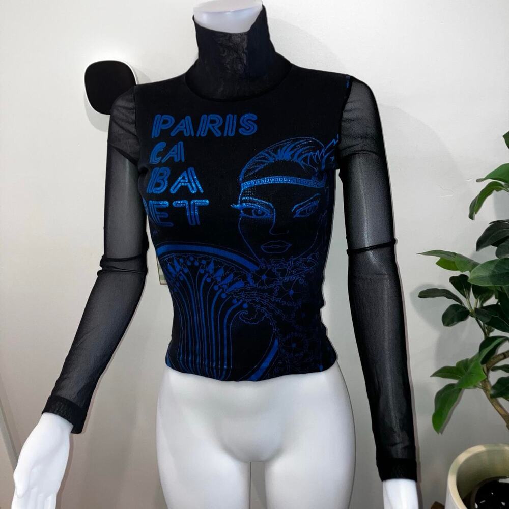 Vintage 90s y2k graphic face print euro french mesh turtleneck - Picture 3 of 7